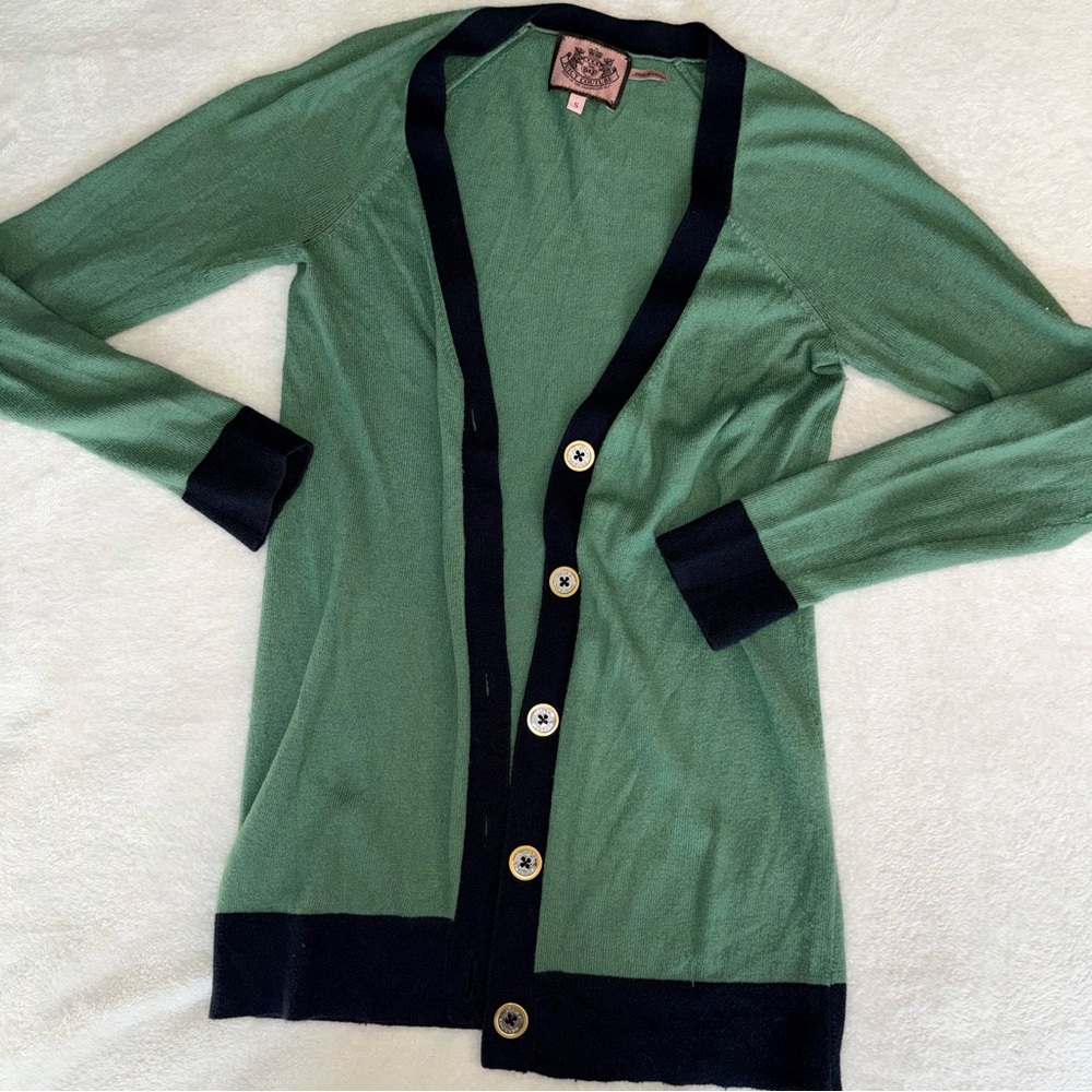 Juicy Couture Green Cashmere Tunic Cardigan with Gold Button Accents